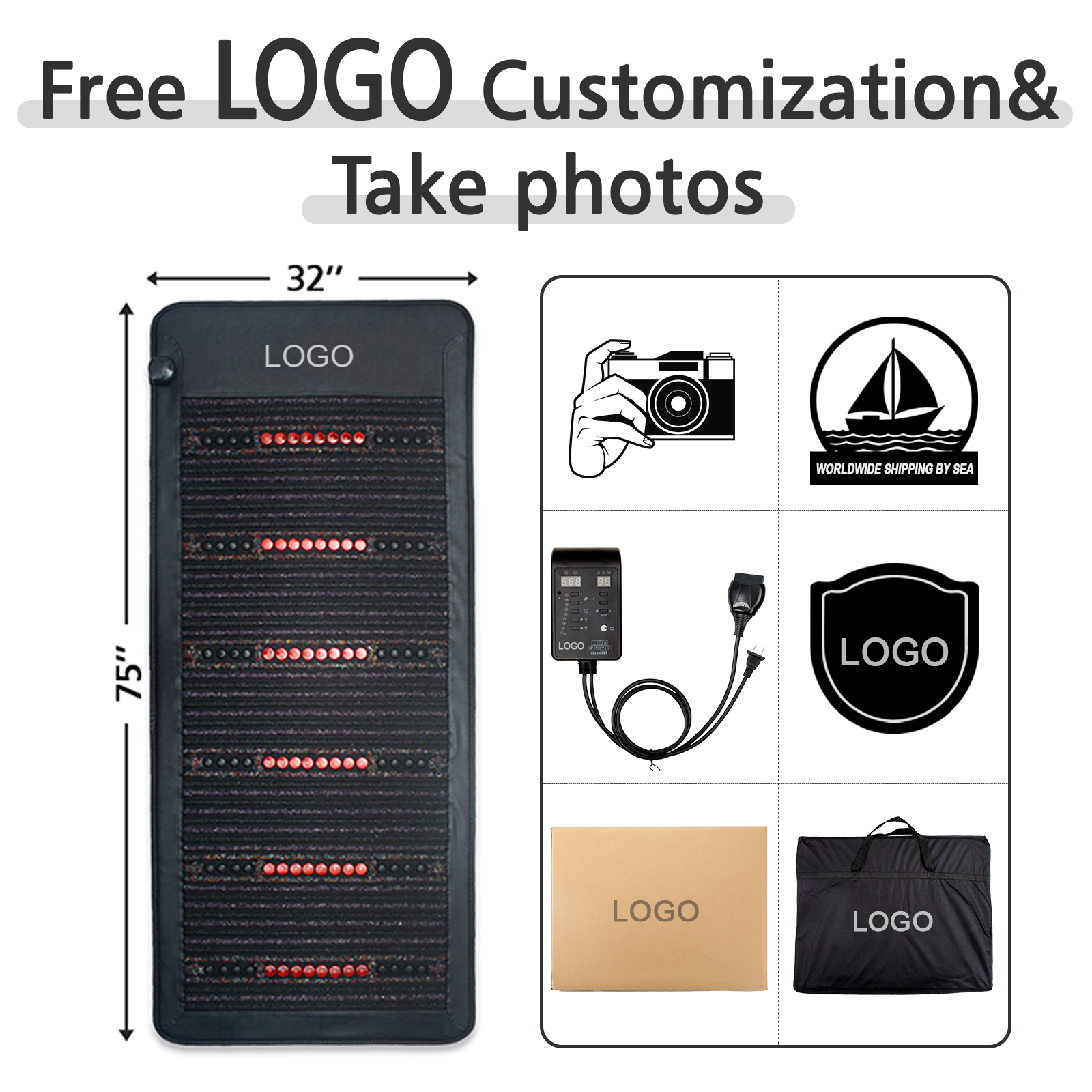 Private-label reference with branding on the mat, controller, retail box and carry bag